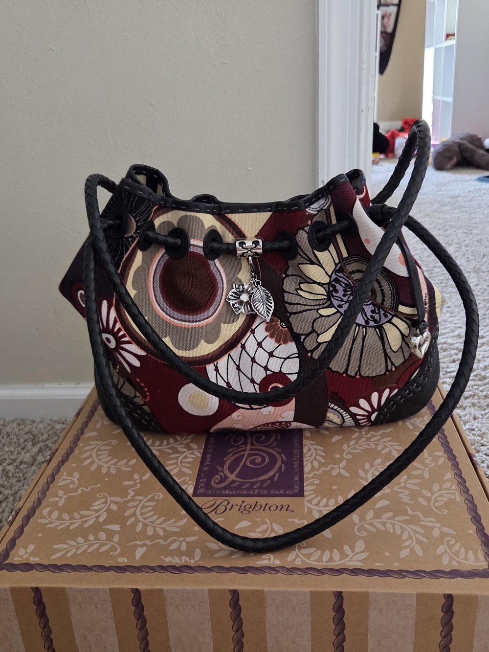 Brighton Burgundy Taupe Floral Drawstring Satchel with Black Braided Straps